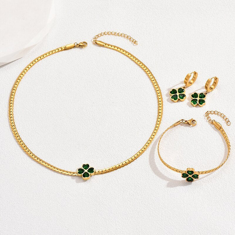Leaf Floral Green Moissanite Jewelry Set - Adjustable Snake Chain 18k Gold Plated | Mix Mix Style [Hot Seller]-Mix MIx Style