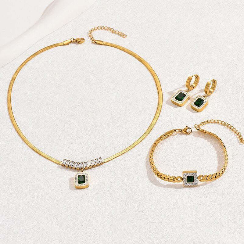 Leaf Floral Green Moissanite Jewelry Set - Adjustable Snake Chain 18k Gold Plated | Mix Mix Style [Hot Seller]-Mix MIx Style