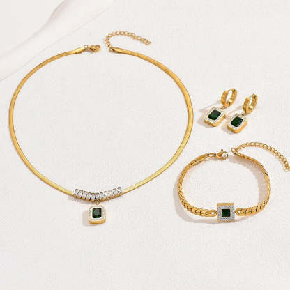 Leaf Floral Green Moissanite Jewelry Set - Adjustable Snake Chain 18k Gold Plated | Mix Mix Style [Hot Seller]-Mix MIx Style