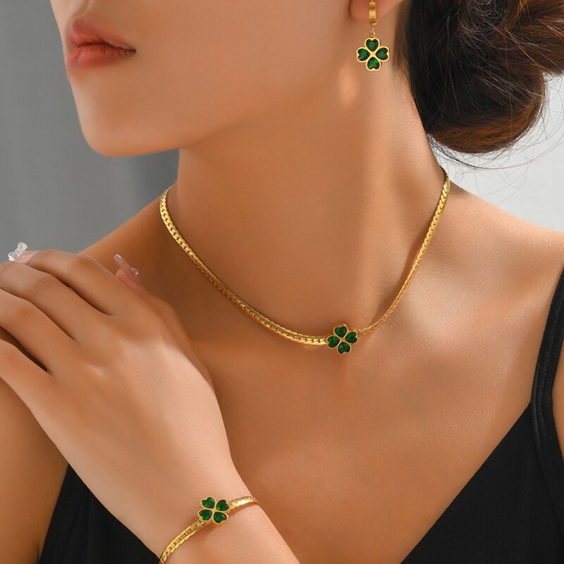 Leaf Floral Green Moissanite Jewelry Set - Adjustable Snake Chain 18k Gold Plated | Mix Mix Style [Hot Seller]-Mix MIx Style
