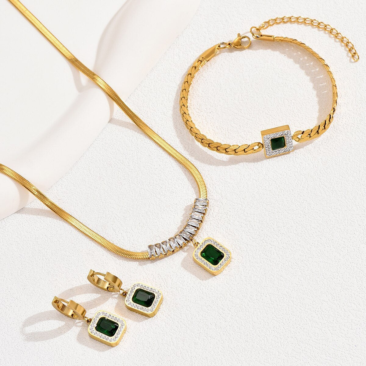 Leaf Floral Green Moissanite Jewelry Set - Adjustable Snake Chain 18k Gold Plated | Mix Mix Style [Hot Seller]-Mix MIx Style