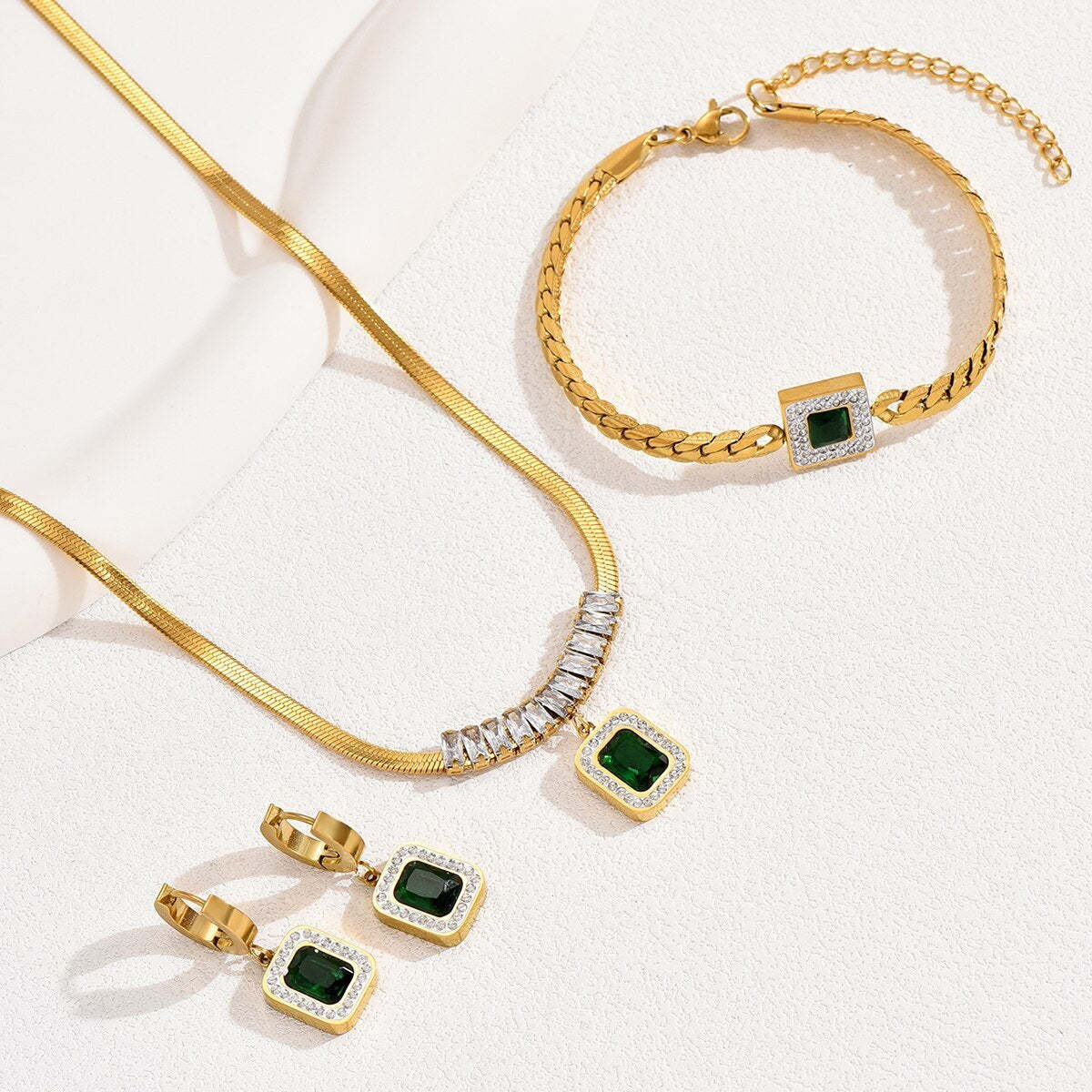 Leaf Floral Green Moissanite Jewelry Set - Adjustable Snake Chain 18k Gold Plated | Mix Mix Style [Hot Seller]-Mix MIx Style