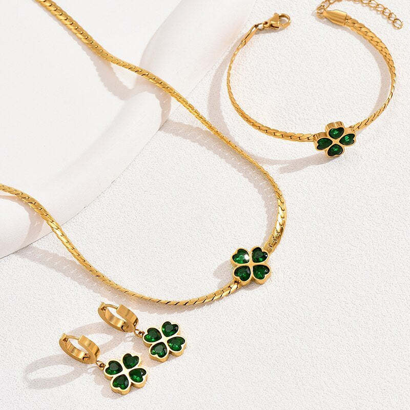 Leaf Floral Green Moissanite Jewelry Set - Adjustable Snake Chain 18k Gold Plated | Mix Mix Style [Hot Seller]-Mix MIx Style