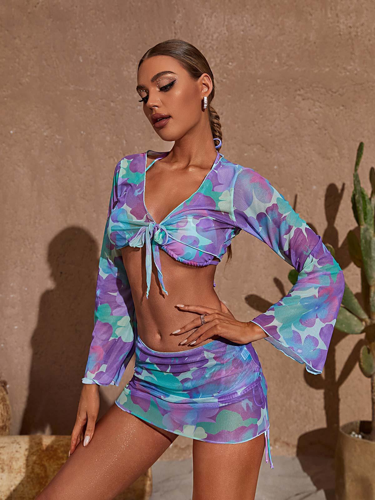 Purple Long Sleeve Printed Bikini Four Piece Set | Mix Mix Style-Mix MIx Style