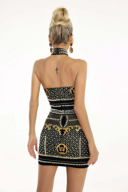 Black & Gold Pearl Sleeveless backless  high collar cocktail top & mini skirt Set | Mix Mix Style
