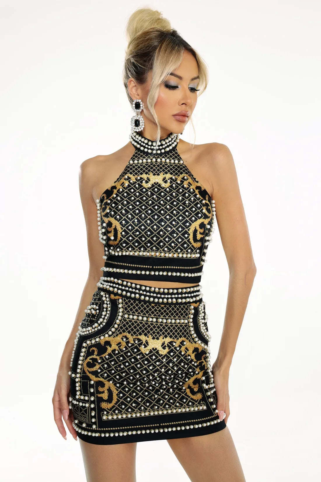 Black & Gold Pearl Sleeveless backless  high collar cocktail top & mini skirt Set | Mix Mix Style