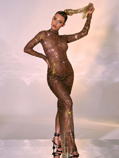 Lennox Long Sleeve Flower Rhinestone Maxi Dress-Mix MIx Style