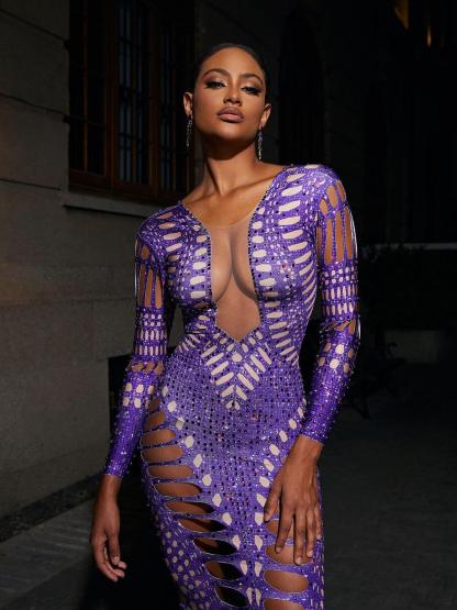 Purple Long Sleeve Rhinestone Cutout Maxi Dress | Mix Mix Style [Hot Seller]-Mix MIx Style