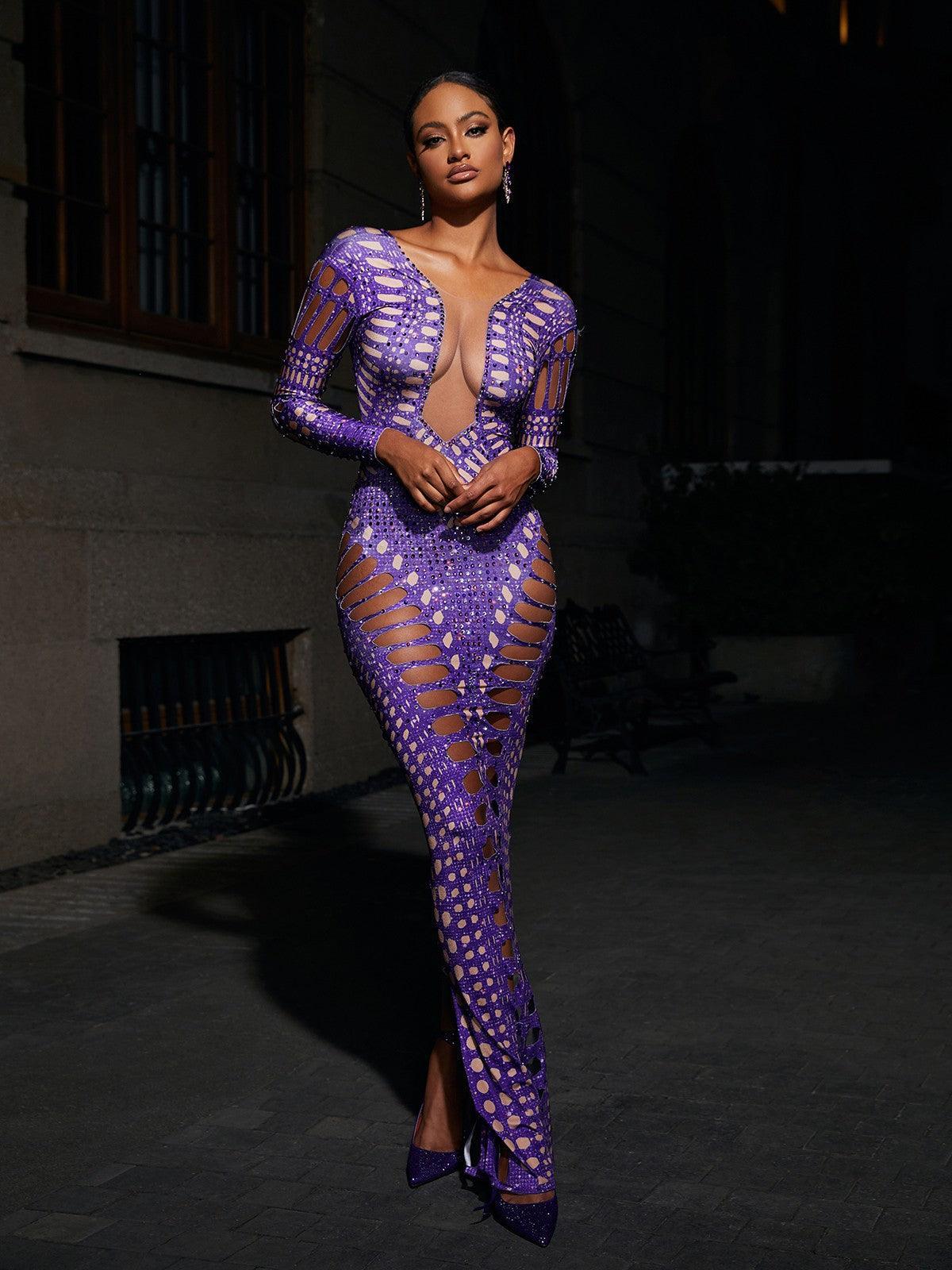 Purple Long Sleeve Rhinestone Cutout Maxi Dress | Mix Mix Style [Hot Seller]-Mix MIx Style