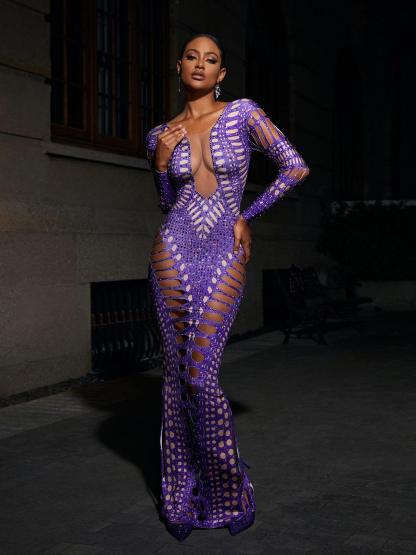Purple Long Sleeve Rhinestone Cutout Maxi Dress | Mix Mix Style [Hot Seller]-Mix MIx Style