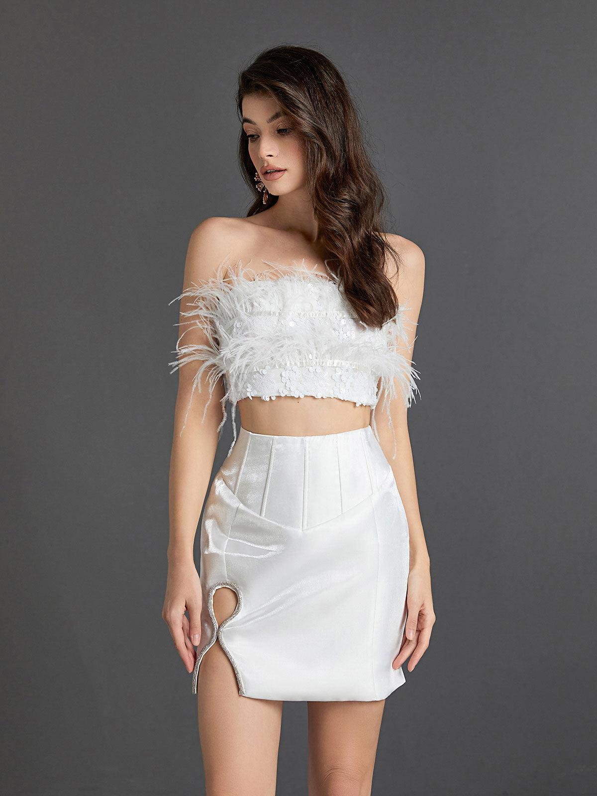 White Crop Feather & Mini Skirt Set | Mix Mix Style [Hot Seller]-Mix MIx Style
