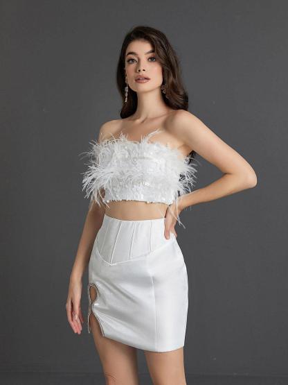 White Crop Feather & Mini Skirt Set | Mix Mix Style [Hot Seller]-Mix MIx Style
