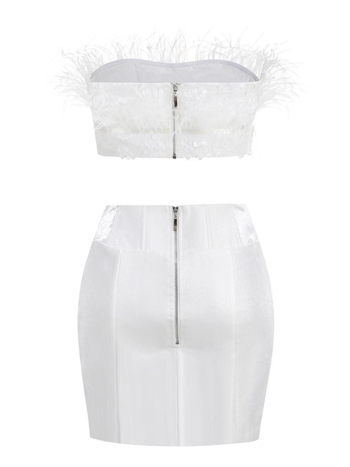 White Crop Feather & Mini Skirt Set | Mix Mix Style [Hot Seller]-Mix MIx Style