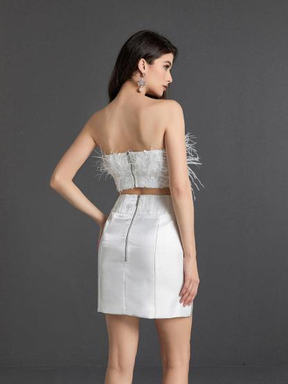 White Crop Feather & Mini Skirt Set | Mix Mix Style [Hot Seller]-Mix MIx Style