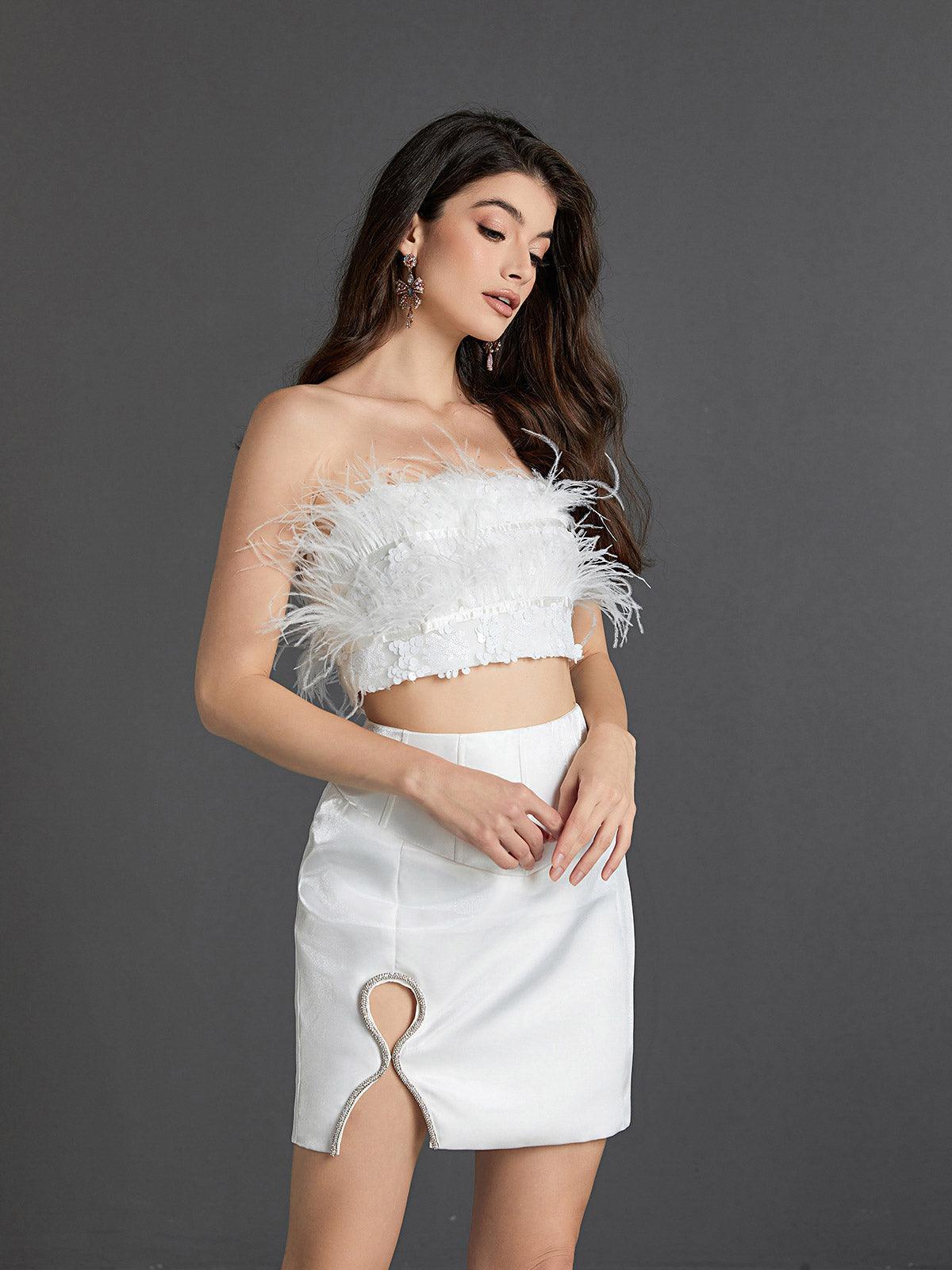 White Crop Feather & Mini Skirt Set | Mix Mix Style [Hot Seller]-Mix MIx Style