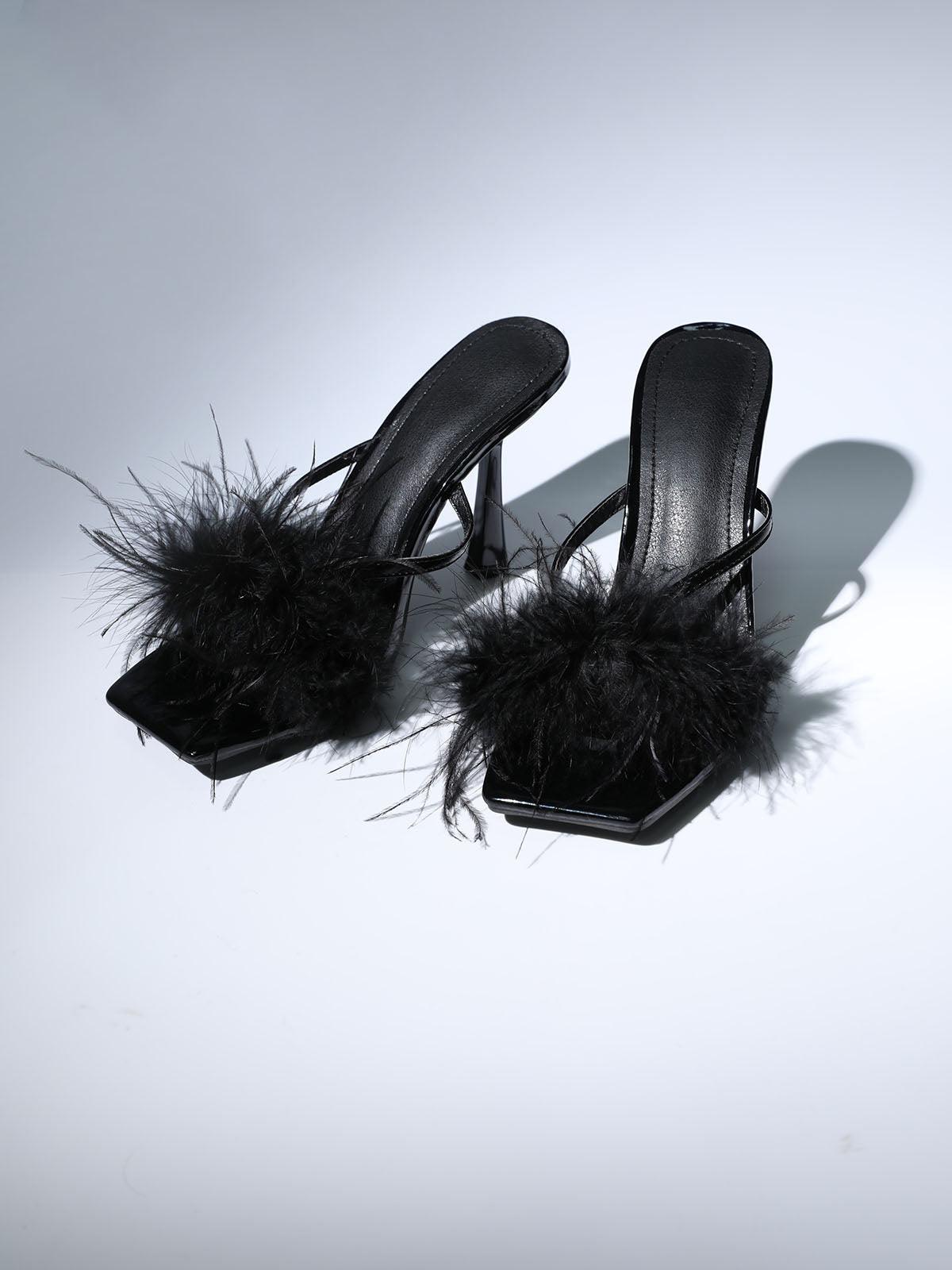 Leya Feather Heels In Black-Mix MIx Style