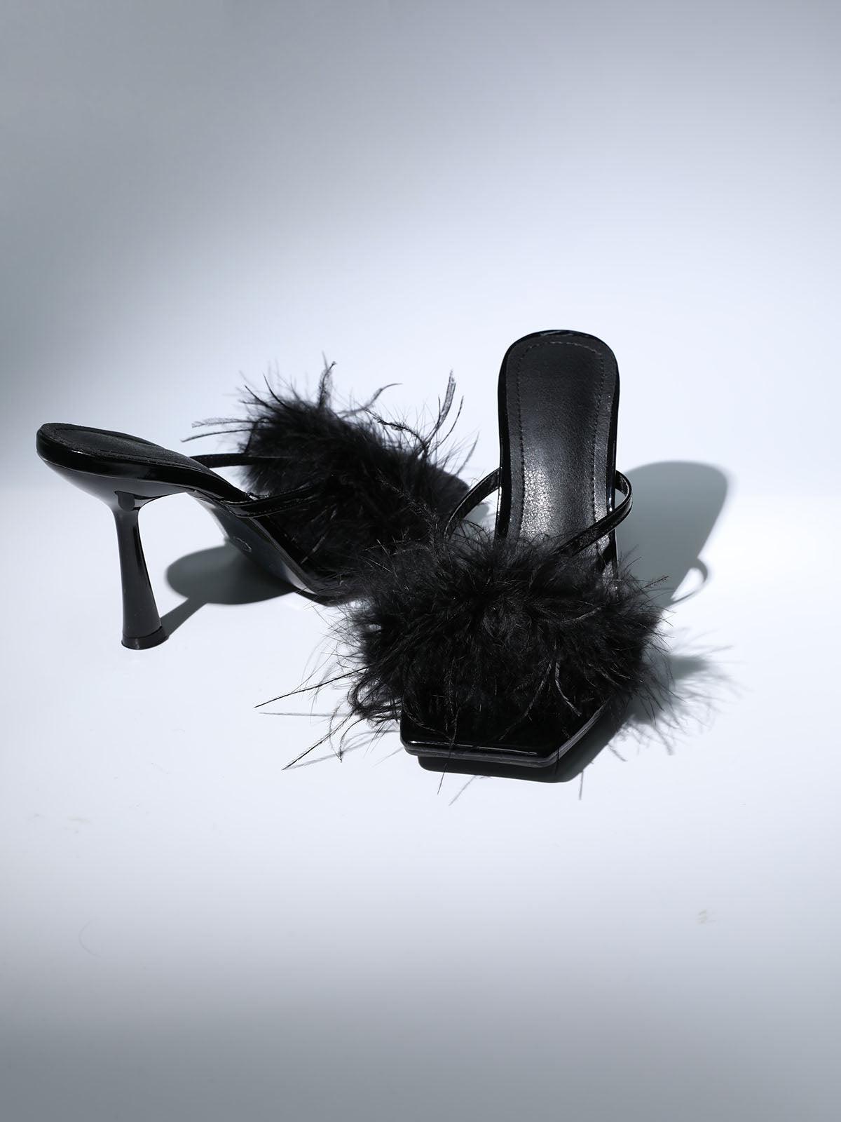 Leya Feather Heels In Black-Mix MIx Style