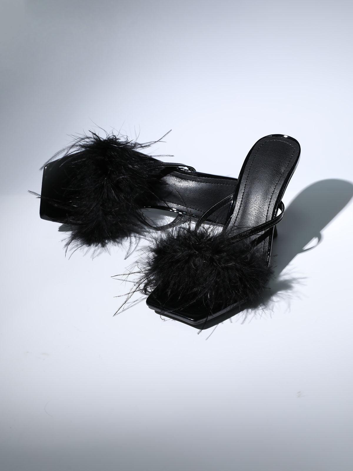 Leya Feather Heels In Black-Mix MIx Style
