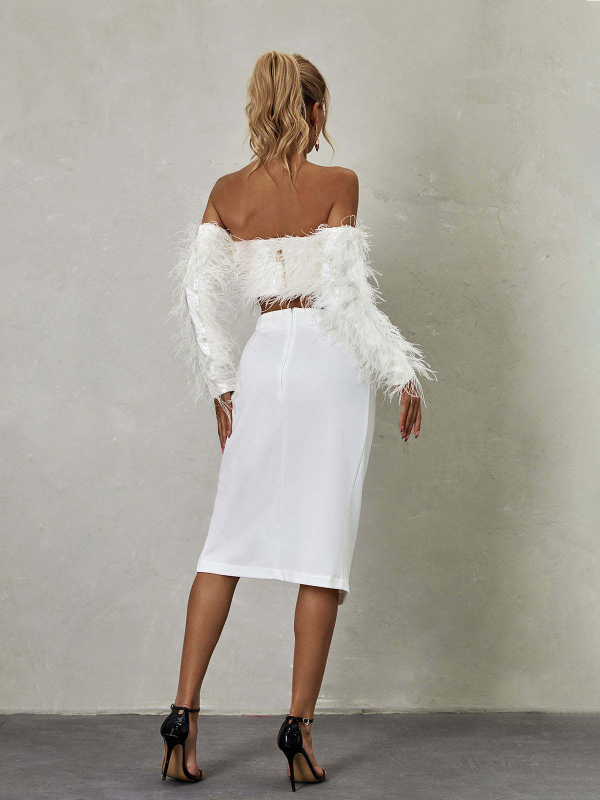White Long Sleeve Feather Skirt Set | Mix Mix Style [Hot Seller]-Mix MIx Style