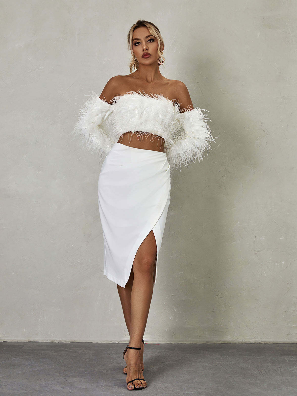White Long Sleeve Feather Skirt Set | Mix Mix Style [Hot Seller]-Mix MIx Style