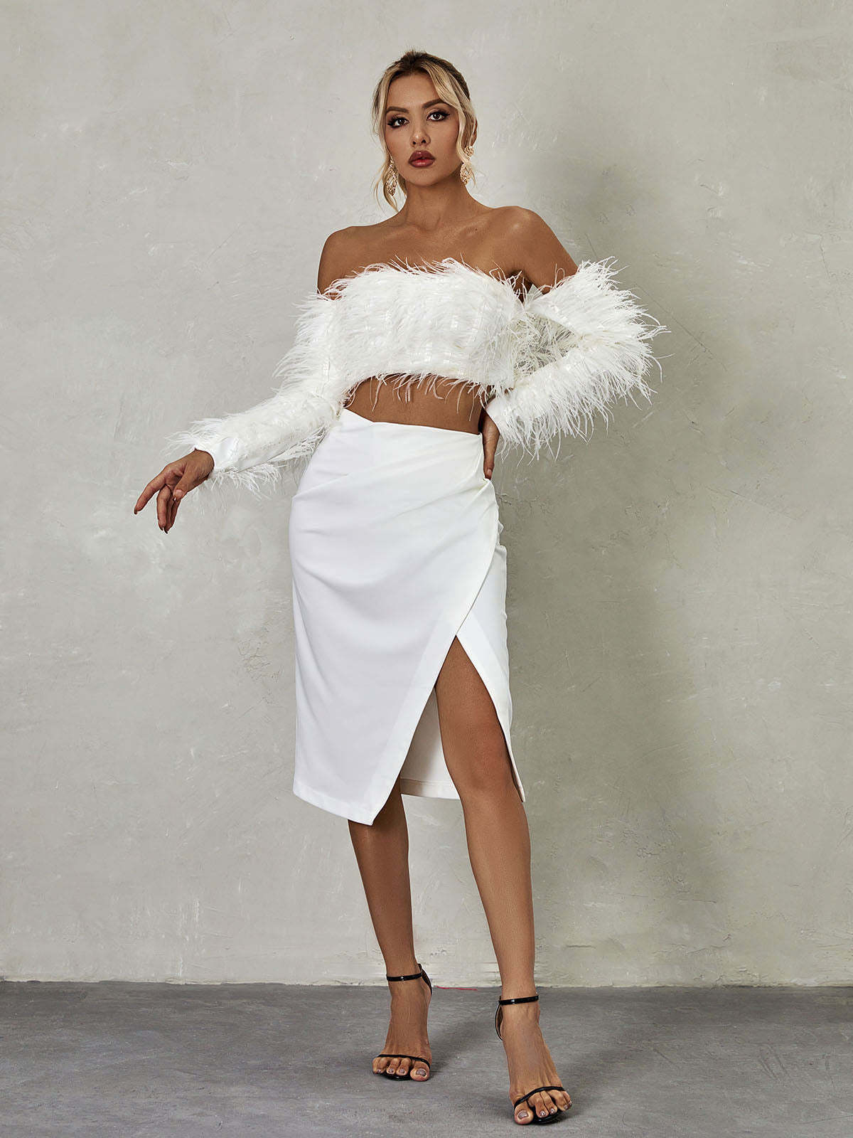 White Long Sleeve Feather Skirt Set | Mix Mix Style [Hot Seller]-Mix MIx Style