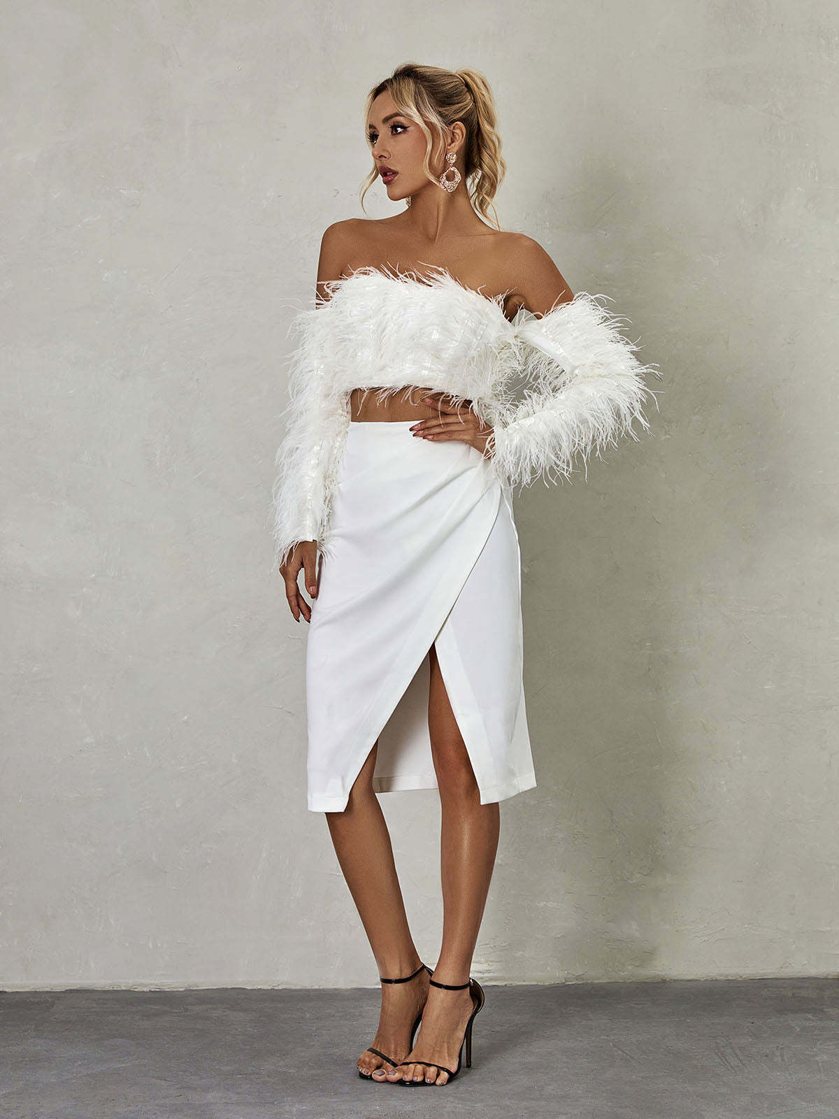 White Long Sleeve Feather Skirt Set | Mix Mix Style [Hot Seller]-Mix MIx Style