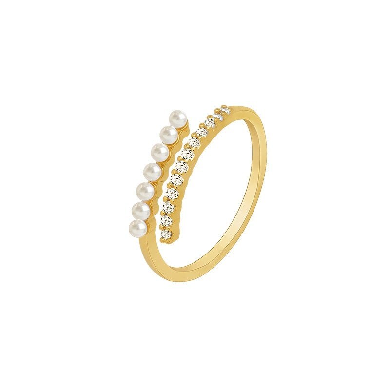 Light Luxury Micro Moissanite and Pearls 18k Gold Plated Open Ring | Mix Mix Style [Hot Seller]-Mix MIx Style