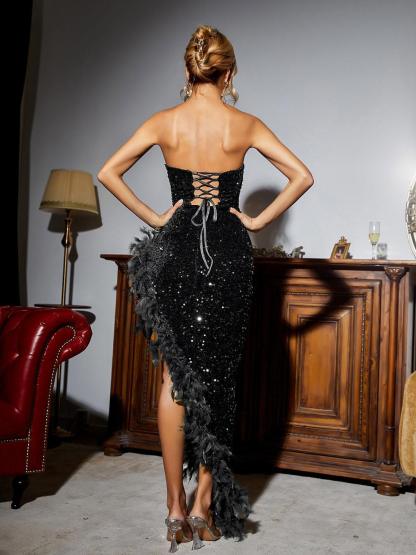 Lois Strapless Sequin Feather Trimmed Maxi Dress In Black-Mix MIx Style