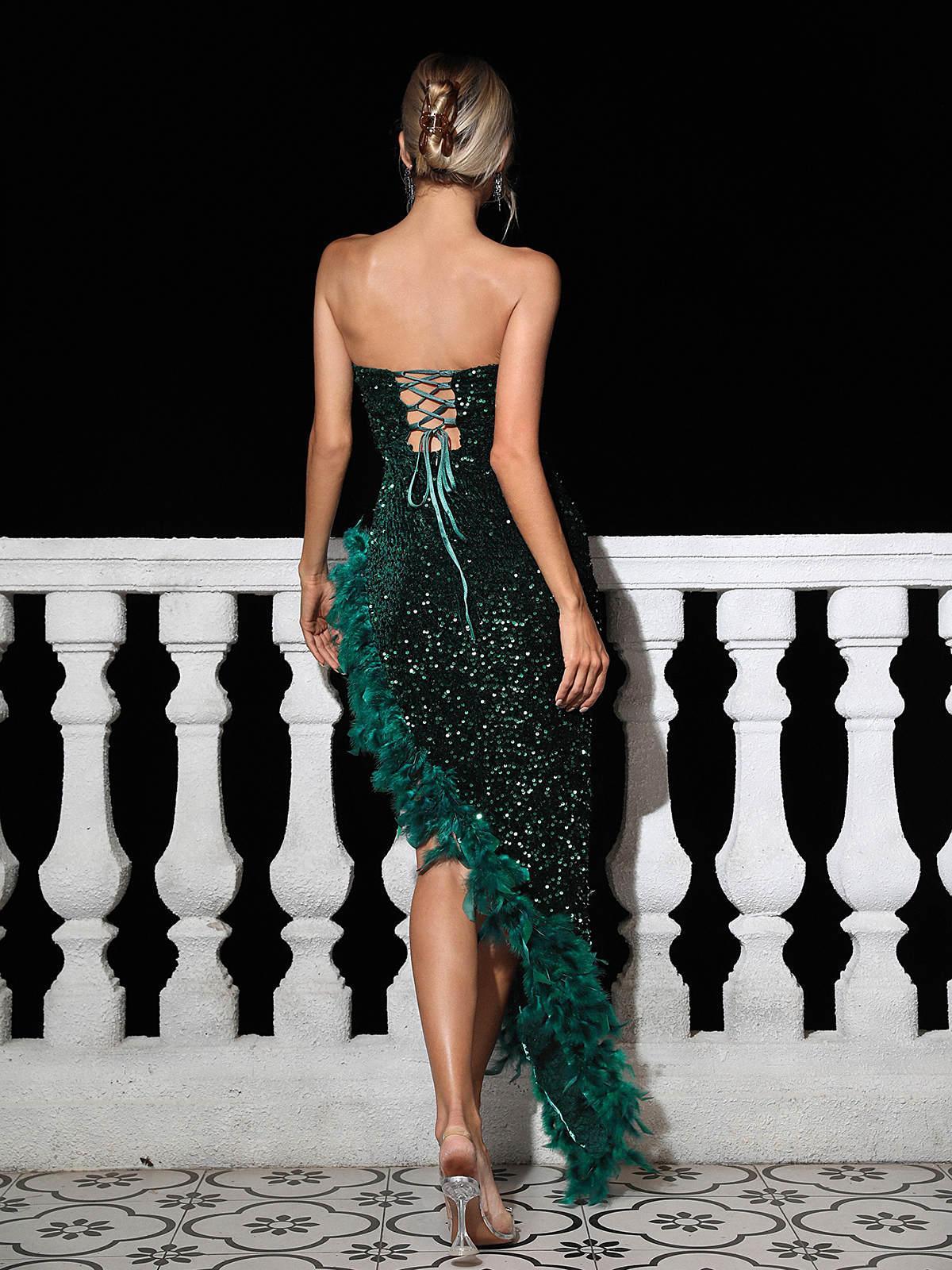 Lois Strapless Sequin Feather Trimmed Maxi Dress In Emerald-Mix MIx Style