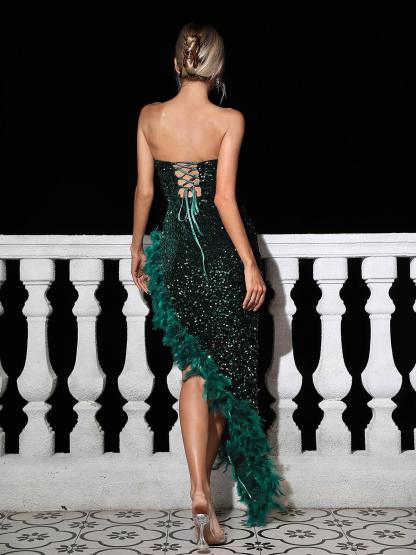 Lois Strapless Sequin Feather Trimmed Maxi Dress In Emerald-Mix MIx Style