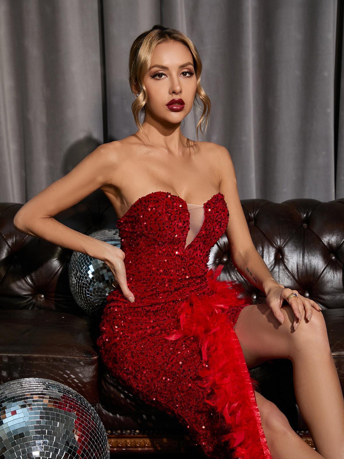 Lois Strapless Sequin Feather Trimmed Maxi Dress In Red-Mix MIx Style
