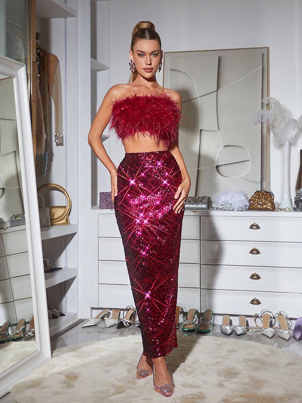 Pink Feather Top & Sequin Maxi Skirt Set | Mix Mix Style [Hot Seller]-Mix MIx Style