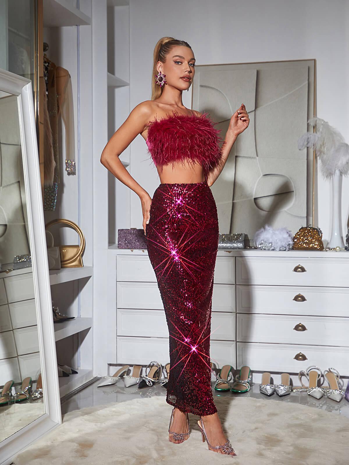 Pink Feather Top & Sequin Maxi Skirt Set | Mix Mix Style [Hot Seller]-Mix MIx Style