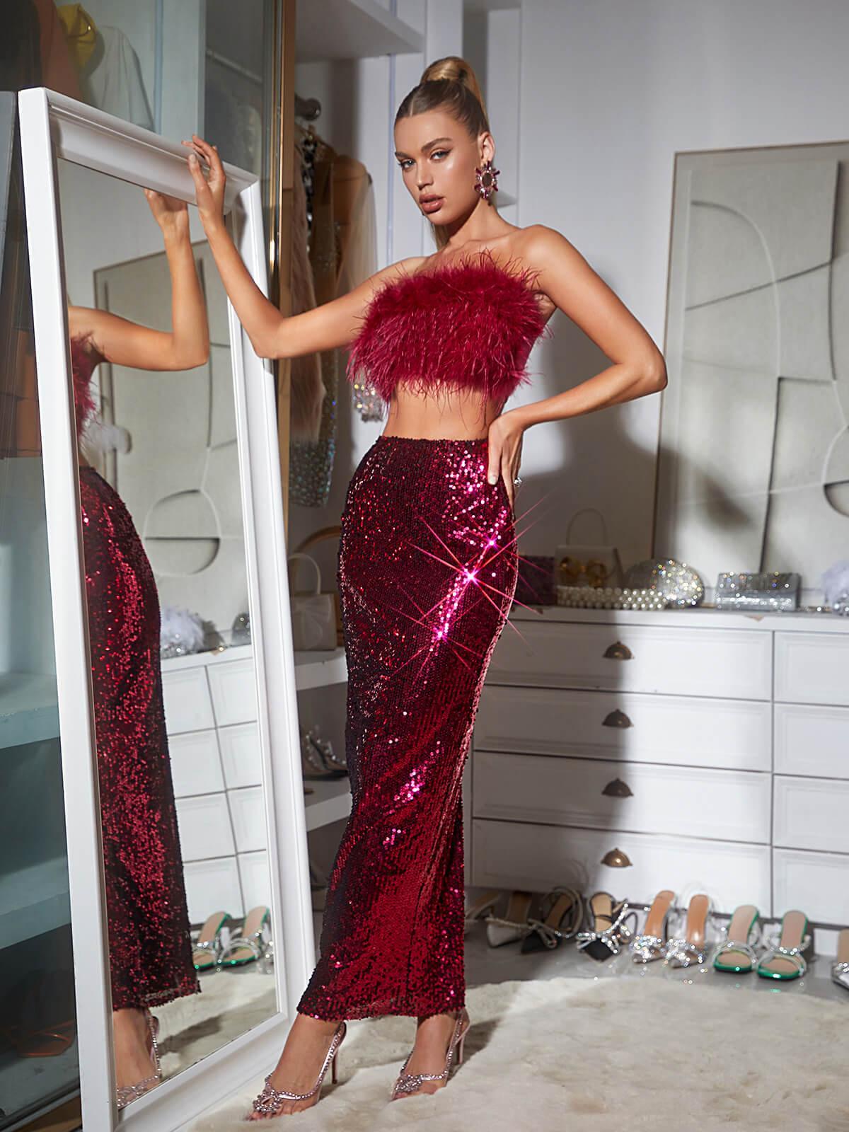 Pink Feather Top & Sequin Maxi Skirt Set | Mix Mix Style [Hot Seller]-Mix MIx Style