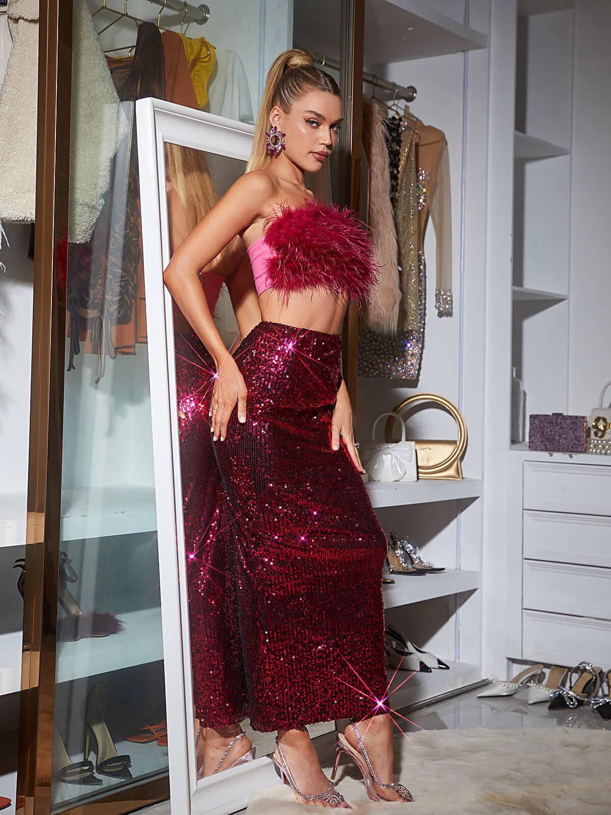 Pink Feather Top & Sequin Maxi Skirt Set | Mix Mix Style [Hot Seller]-Mix MIx Style