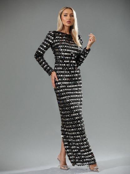 Lotte Sequin Backless Split Maxi Dress In Black-Mix MIx Style