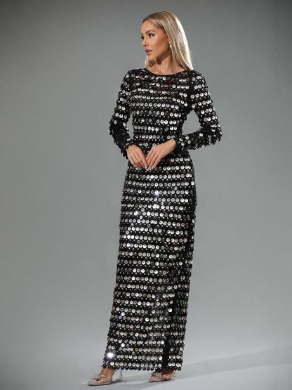 Lotte Sequin Backless Split Maxi Dress In Black-Mix MIx Style