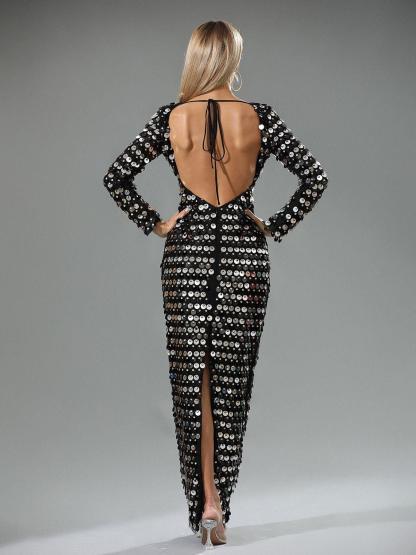 Lotte Sequin Backless Split Maxi Dress In Black-Mix MIx Style