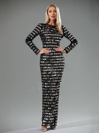 Lotte Sequin Backless Split Maxi Dress In Black-Mix MIx Style