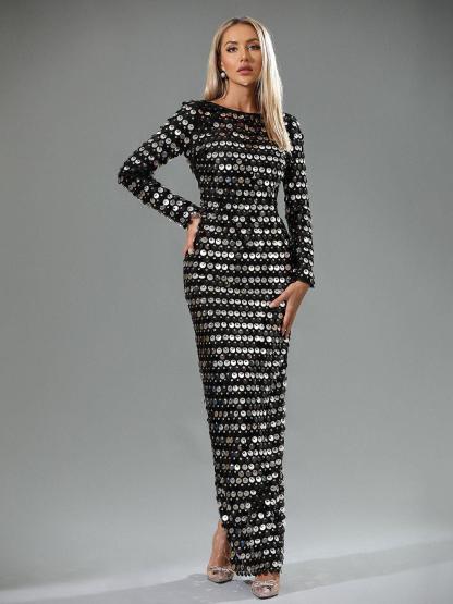 Lotte Sequin Backless Split Maxi Dress In Black-Mix MIx Style