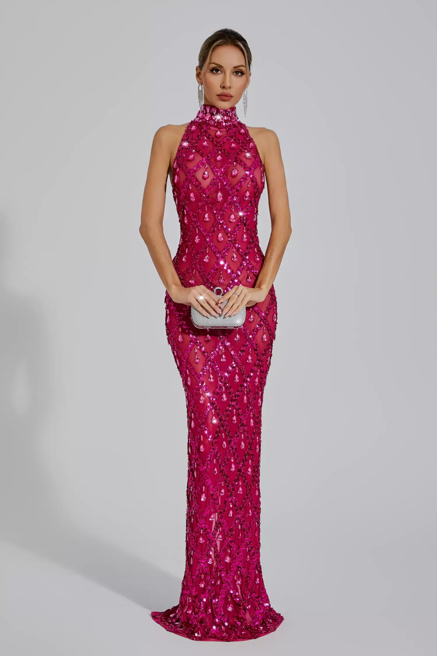 Rose Red High Collar Sleeveless Embellished Diamond Slit Party Maxi Dress | Mix Mix Style