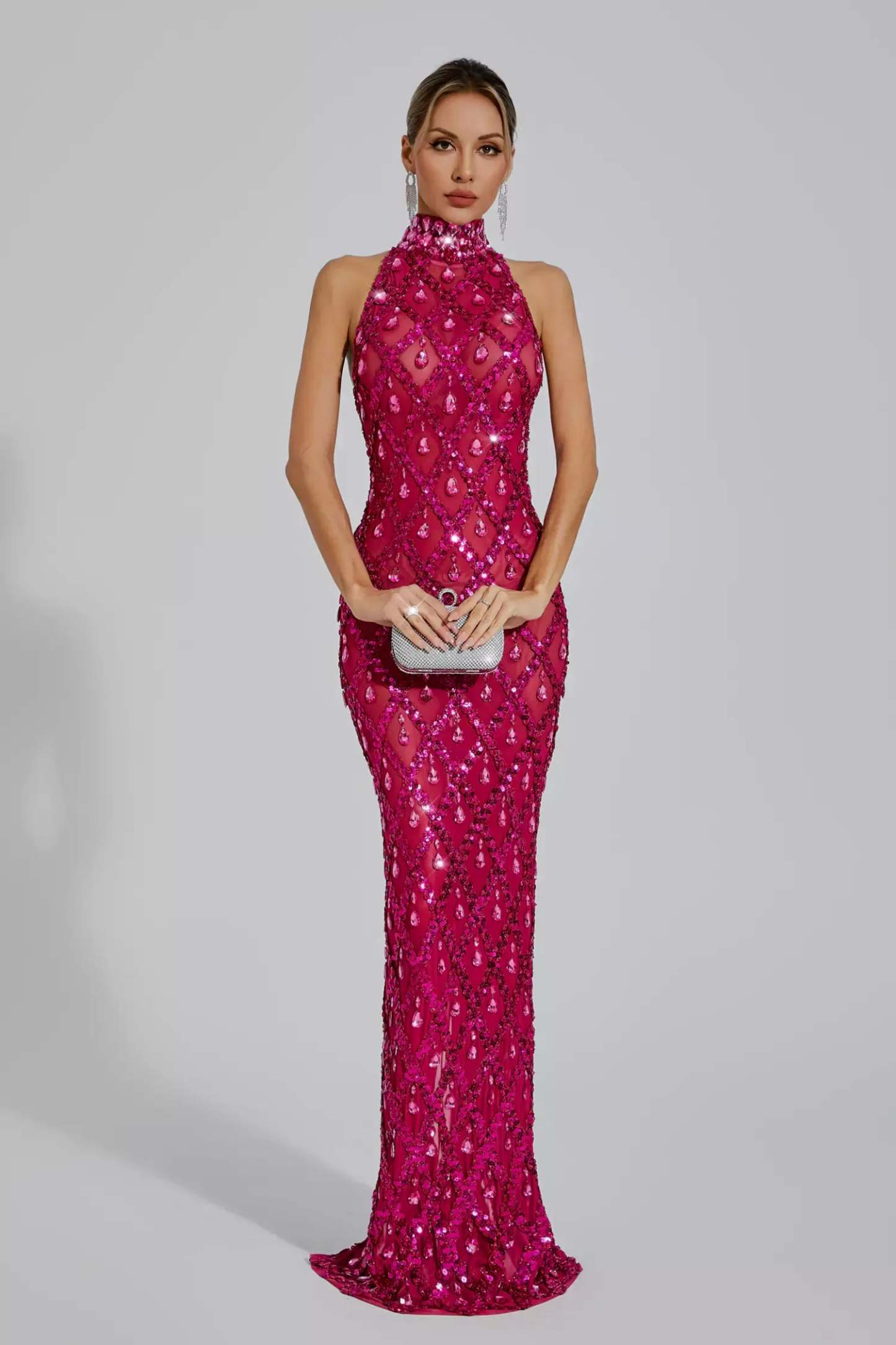 Rose Red High Collar Sleeveless Embellished Diamond Slit Party Maxi Dress | Mix Mix Style