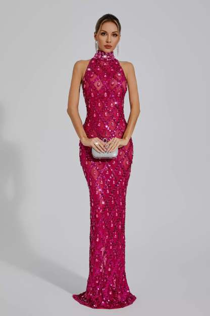 Rose Red High Collar Sleeveless Embellished Diamond Slit Party Maxi Dress | Mix Mix Style