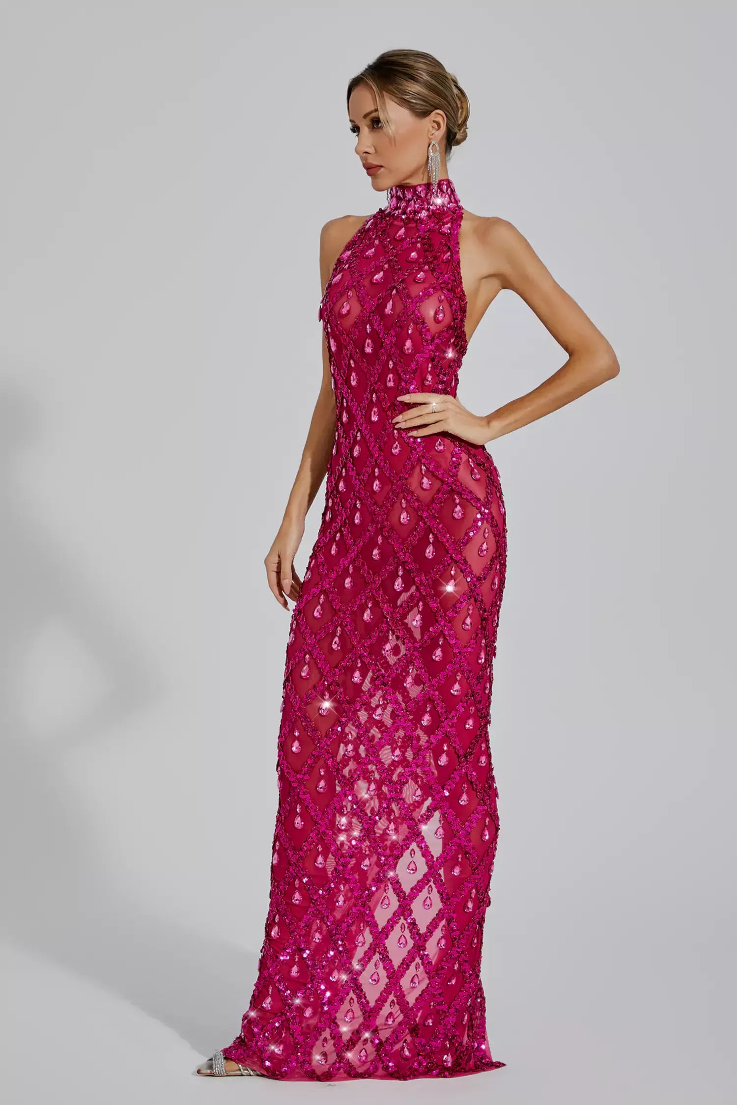 Rose Red High Collar Sleeveless Embellished Diamond Slit Party Maxi Dress | Mix Mix Style