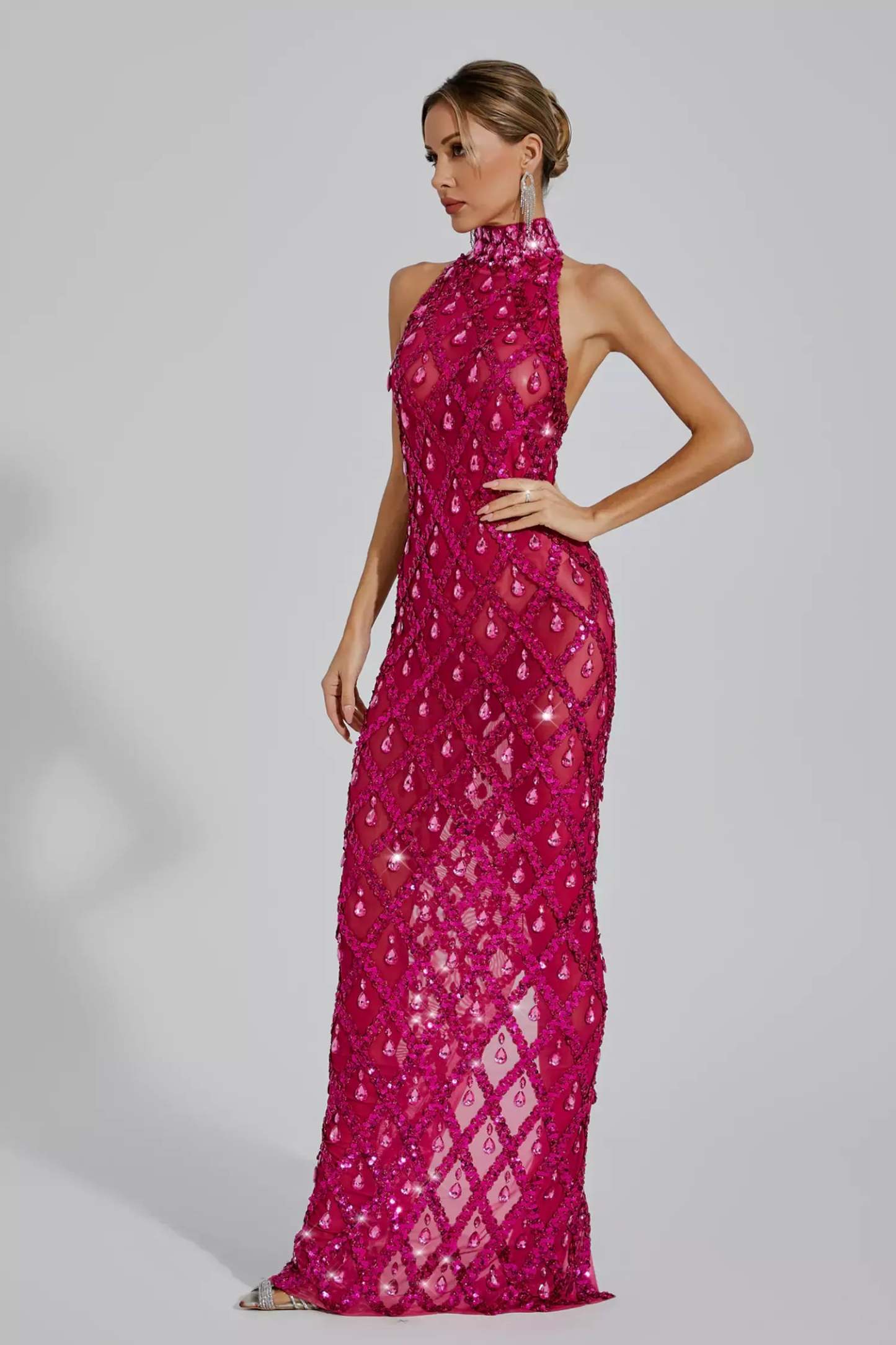 Rose Red High Collar Sleeveless Embellished Diamond Slit Party Maxi Dress | Mix Mix Style