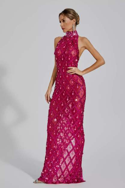 Rose Red High Collar Sleeveless Embellished Diamond Slit Party Maxi Dress | Mix Mix Style