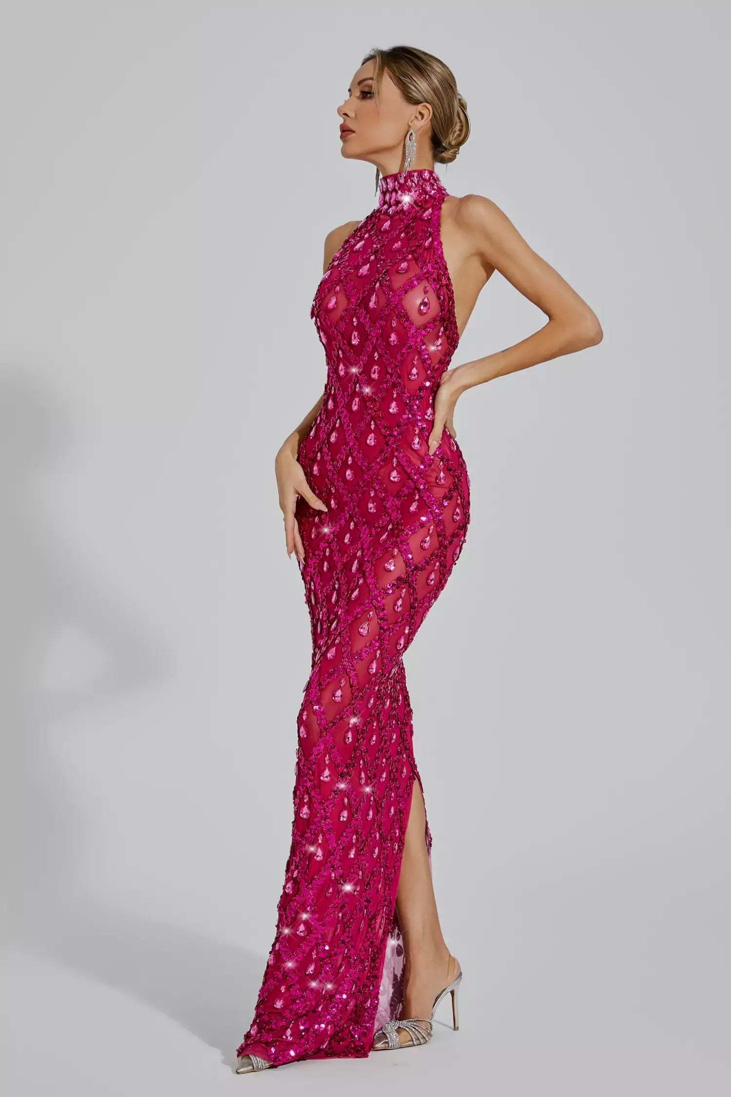 Rose Red High Collar Sleeveless Embellished Diamond Slit Party Maxi Dress | Mix Mix Style