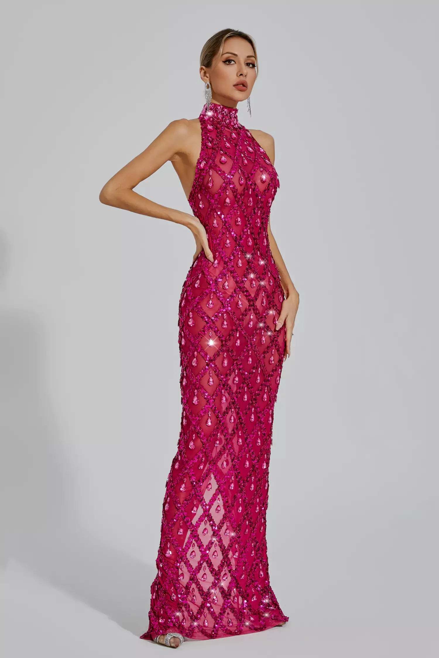 Rose Red High Collar Sleeveless Embellished Diamond Slit Party Maxi Dress | Mix Mix Style