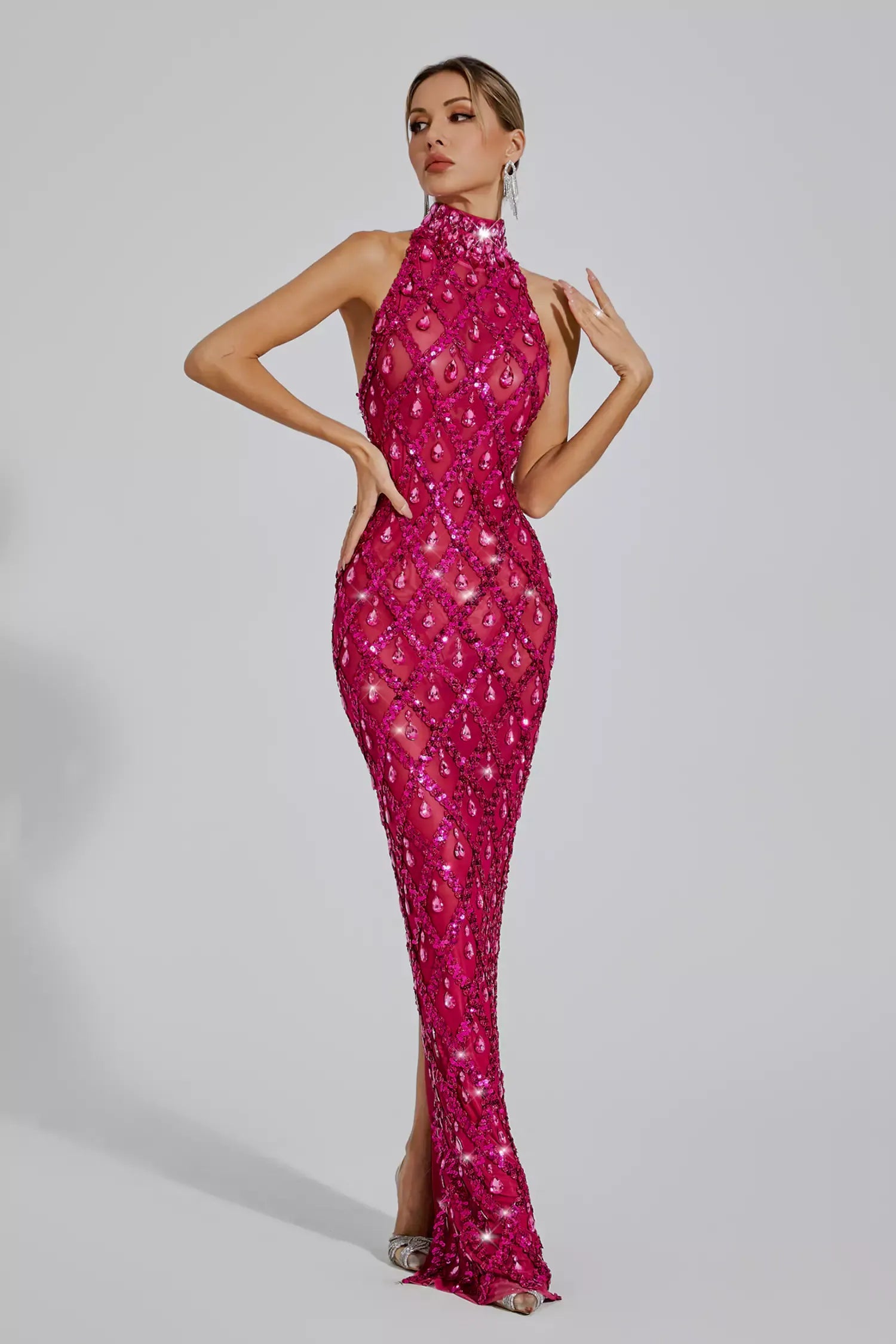 Rose Red High Collar Sleeveless Embellished Diamond Slit Party Maxi Dress | Mix Mix Style