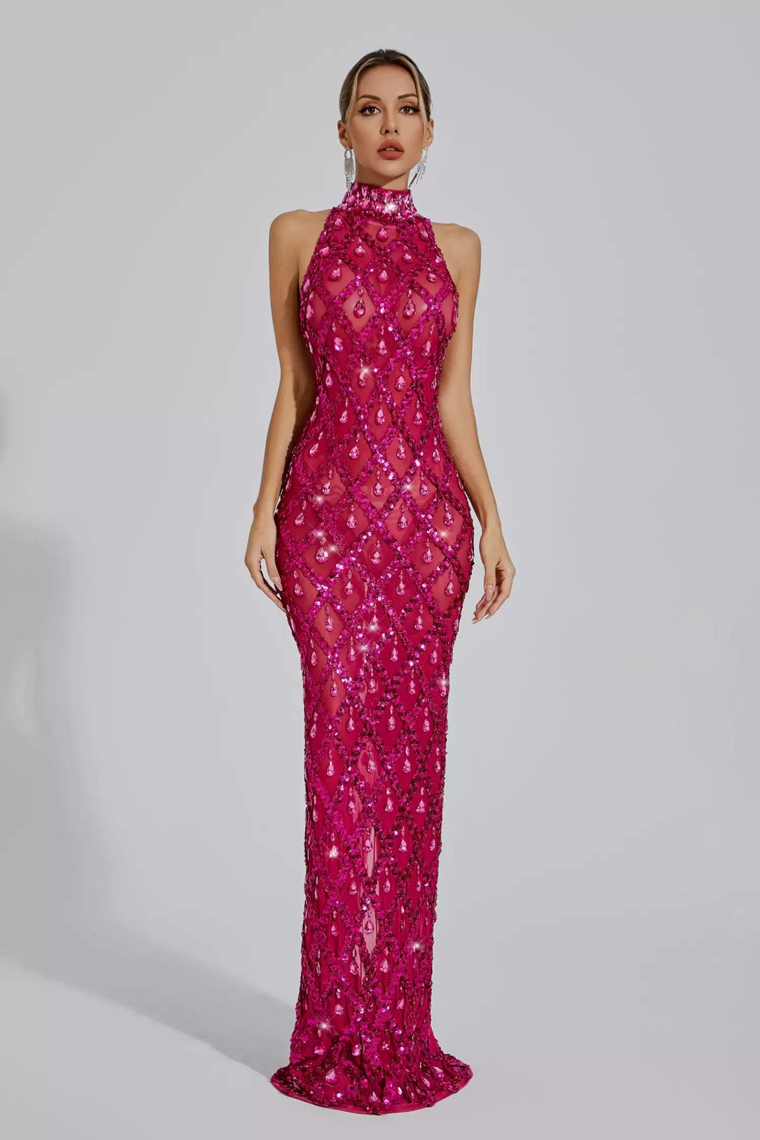 Rose Red High Collar Sleeveless Embellished Diamond Slit Party Maxi Dress | Mix Mix Style